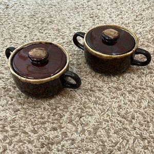 Vintage Brown Drip Glaze Sugar Bean Pots w/ Lids - Set of Two
